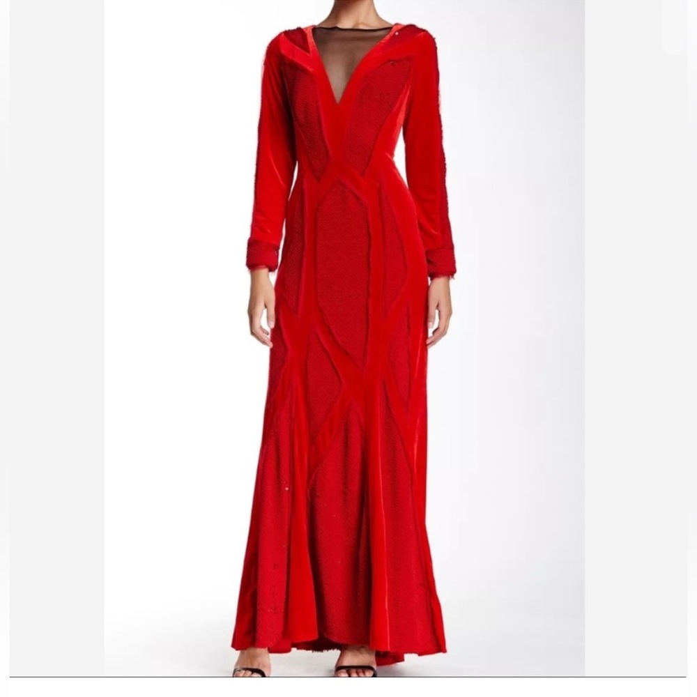 Tadashi Shoji Vibrant Red Velvet and Sequin Evening Gown